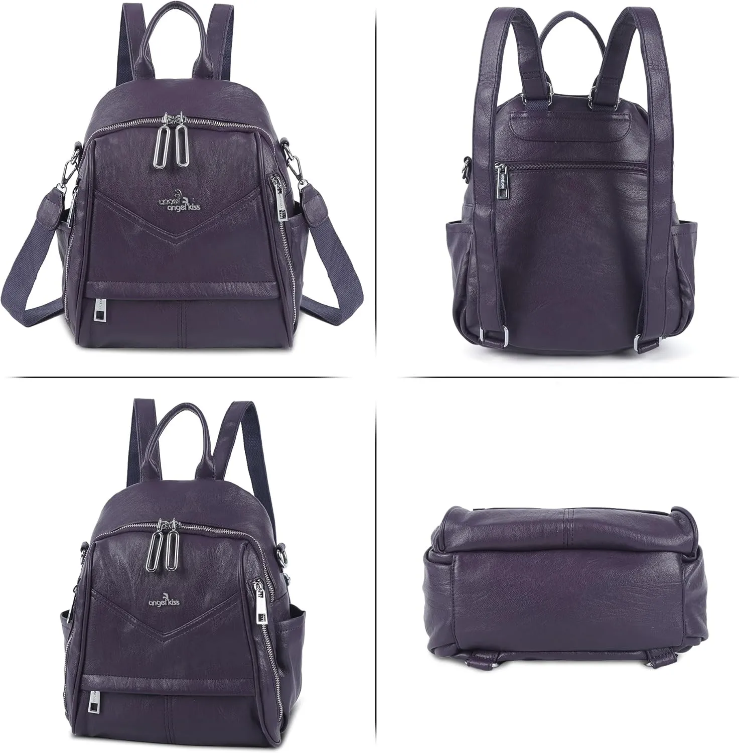 Angel Kiss Small Backpack Purse for Women,Soft Vegan Leather Roomy Backpacks,Designer Ladies Shoulder Backpack Fashion Handbag with Removable Strap,Purple