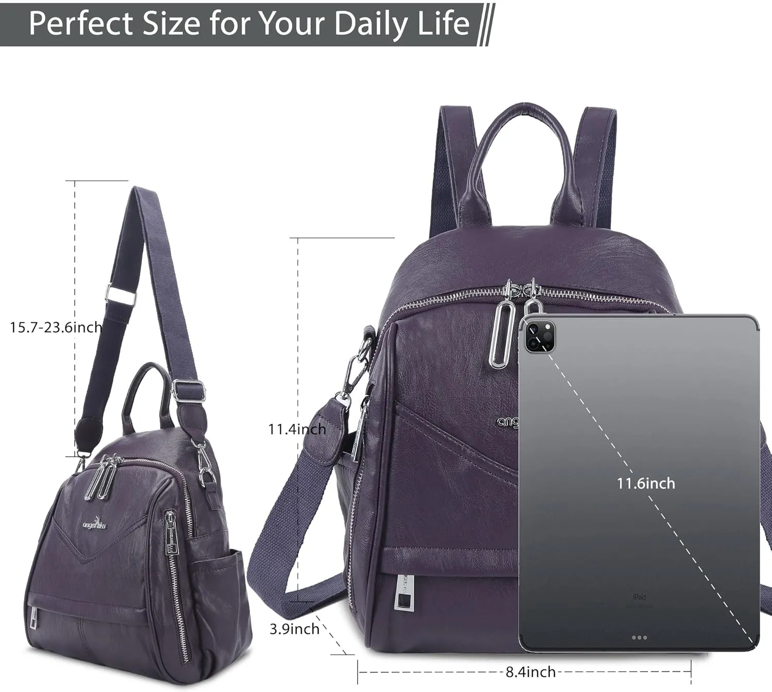 Angel Kiss Small Backpack Purse for Women,Soft Vegan Leather Roomy Backpacks,Designer Ladies Shoulder Backpack Fashion Handbag with Removable Strap,Purple