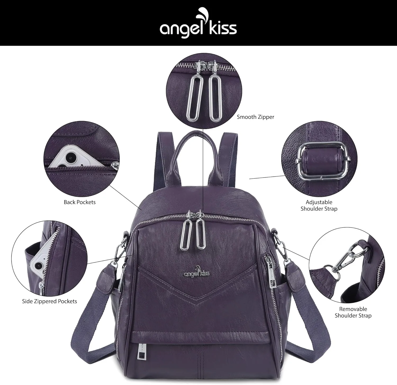 Angel Kiss Small Backpack Purse for Women,Soft Vegan Leather Roomy Backpacks,Designer Ladies Shoulder Backpack Fashion Handbag with Removable Strap,Purple