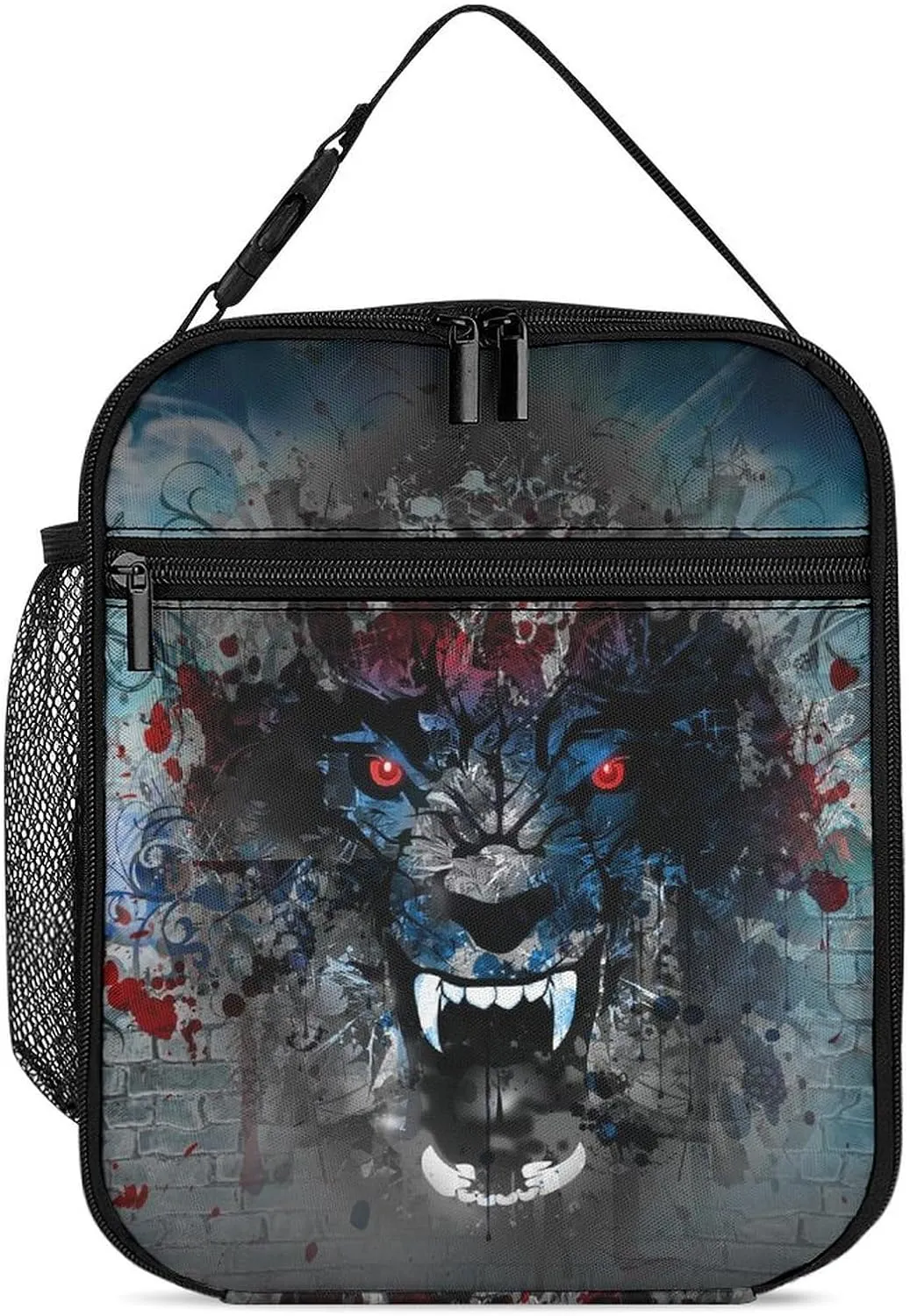 Angry Wolf Flaming Head Portable Lunch Box Bag Insulated Tote Reusable Meal Pack Cooler Bag for Work Picnic