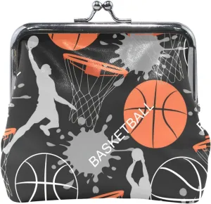 Animal Print Cute Coin Purse for Women Leather Kiss Lock Sporty Basketballs Black Girls Coin Card Change Wallet