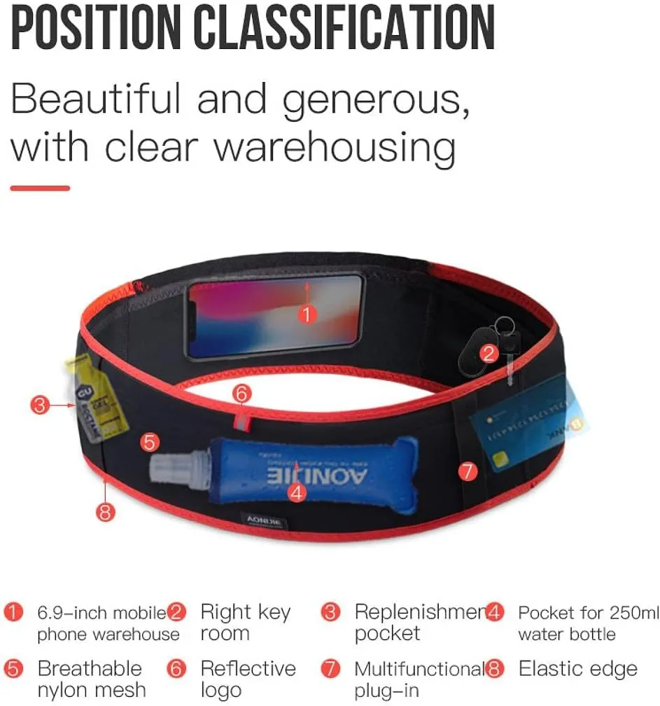 AONIJIE Running Belt Fanny Pack with 250ml Soft Water Bottle Flask for Women Men, Moisture Wicking Waist Pack Great for Marathon Climbing Jogging Cycling, for 6.8in Mobile Phone (Black Red: M/L)