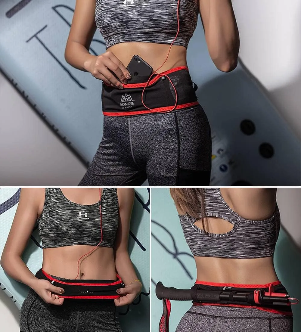 AONIJIE Running Belt Fanny Pack with 250ml Soft Water Bottle Flask for Women Men, Moisture Wicking Waist Pack Great for Marathon Climbing Jogging Cycling, for 6.8in Mobile Phone (Black Red: M/L)