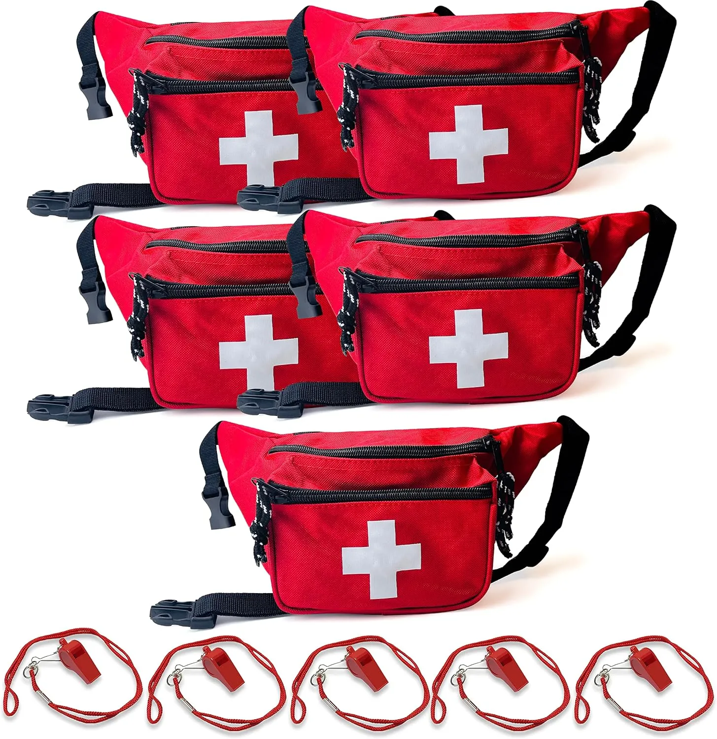 ASA TECHMED 5 Pack Lifeguard Fanny Pack With Whistle Lanyard - Baywatch Style First Aid Hip Pack w/Adjustable Strap, Cross Logo   Zipper Pouch, Emergency Equipment Set Red