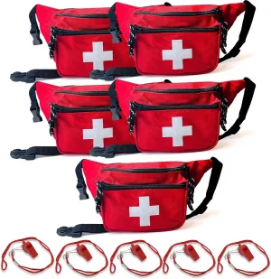 ASA TECHMED 5 Pack Lifeguard Fanny Pack With Whistle Lanyard - Baywatch Style First Aid Hip Pack w/Adjustable Strap, Cross Logo   Zipper Pouch, Emergency Equipment Set Red