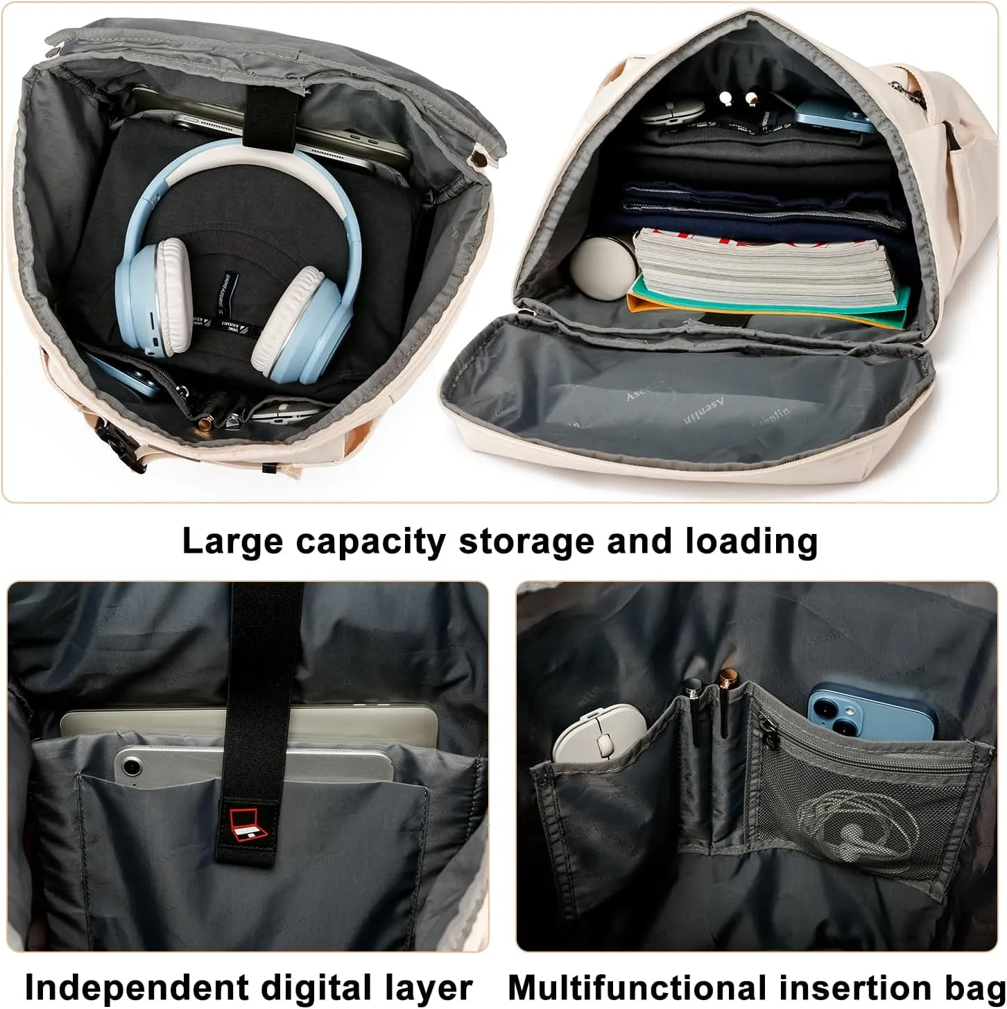 Asenlin Travel Backpack for Women Men，40L Extra Large Hiking Backpack，18 Inch Carry on Backpack Water Resistant for Casual Daypack Gym Backpack-Beige
