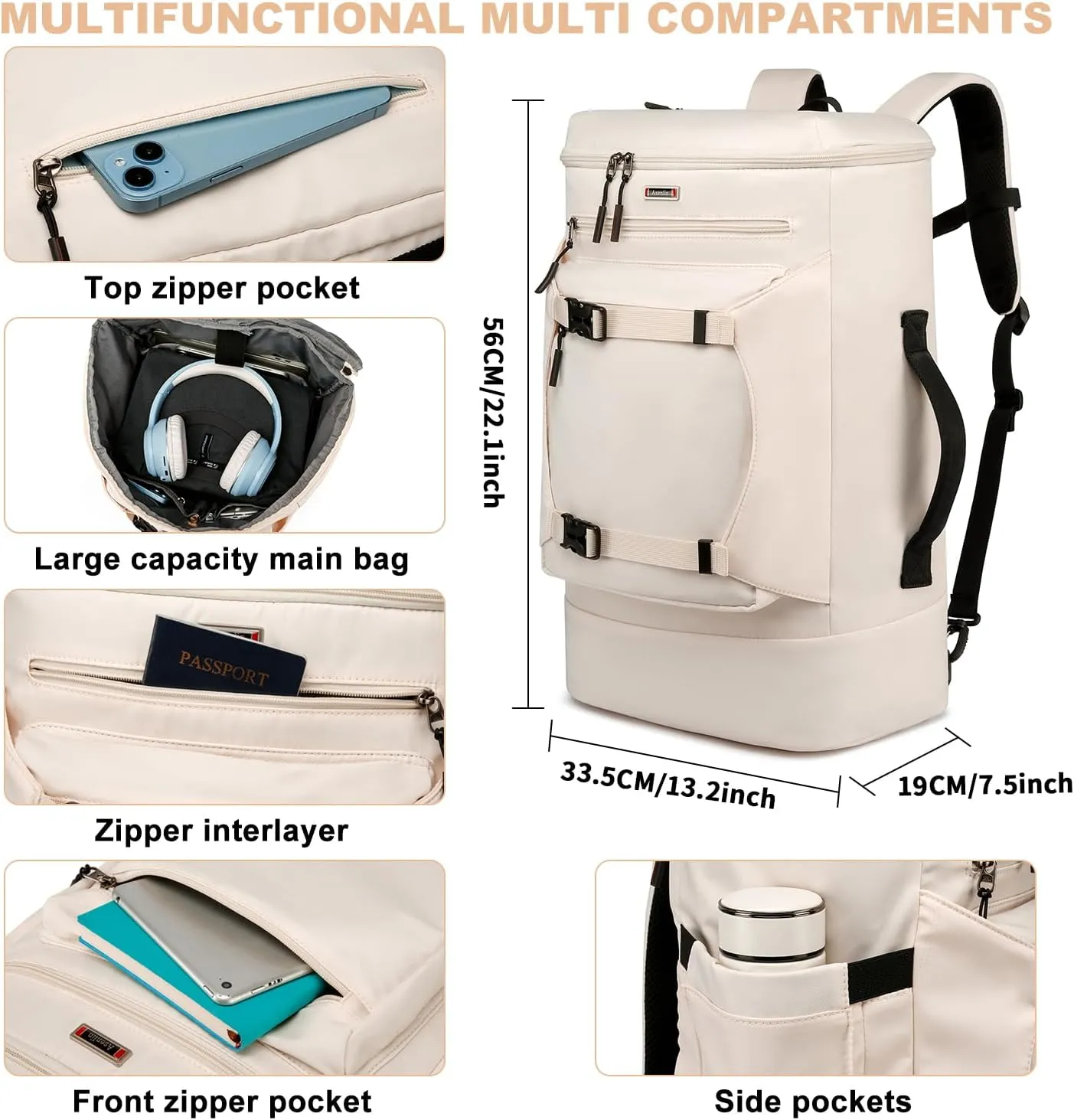 Asenlin Travel Backpack for Women Men，40L Extra Large Hiking Backpack，18 Inch Carry on Backpack Water Resistant for Casual Daypack Gym Backpack-Beige