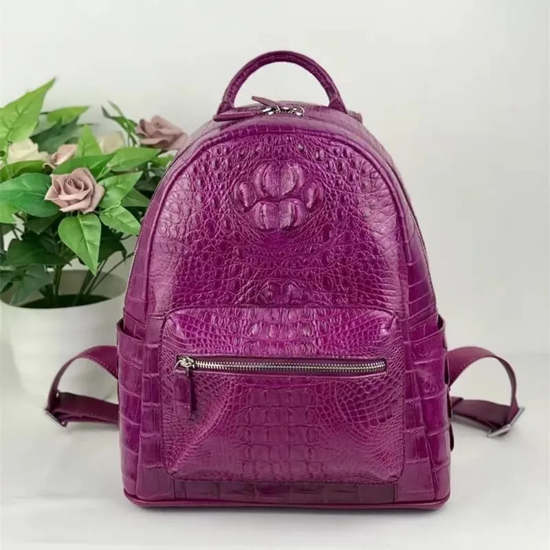 Authentic Exotic Crocodile Skin Zipper Closure Female Lady White Backpack Genuine Alligator Leather Women's Travel Bag Pack (Purple)