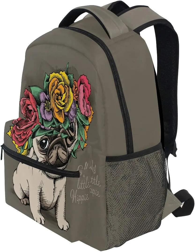AUUXVA Backpack Hippie Bulldog Pug Floral Flower School Shoulder Bag Large Waterproof Durable Bookbag Laptop Daypack for Students Teens Girls Boys Elementary