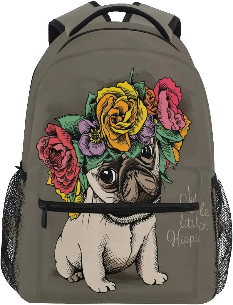 AUUXVA Backpack Hippie Bulldog Pug Floral Flower School Shoulder Bag Large Waterproof Durable Bookbag Laptop Daypack for Students Teens Girls Boys Elementary