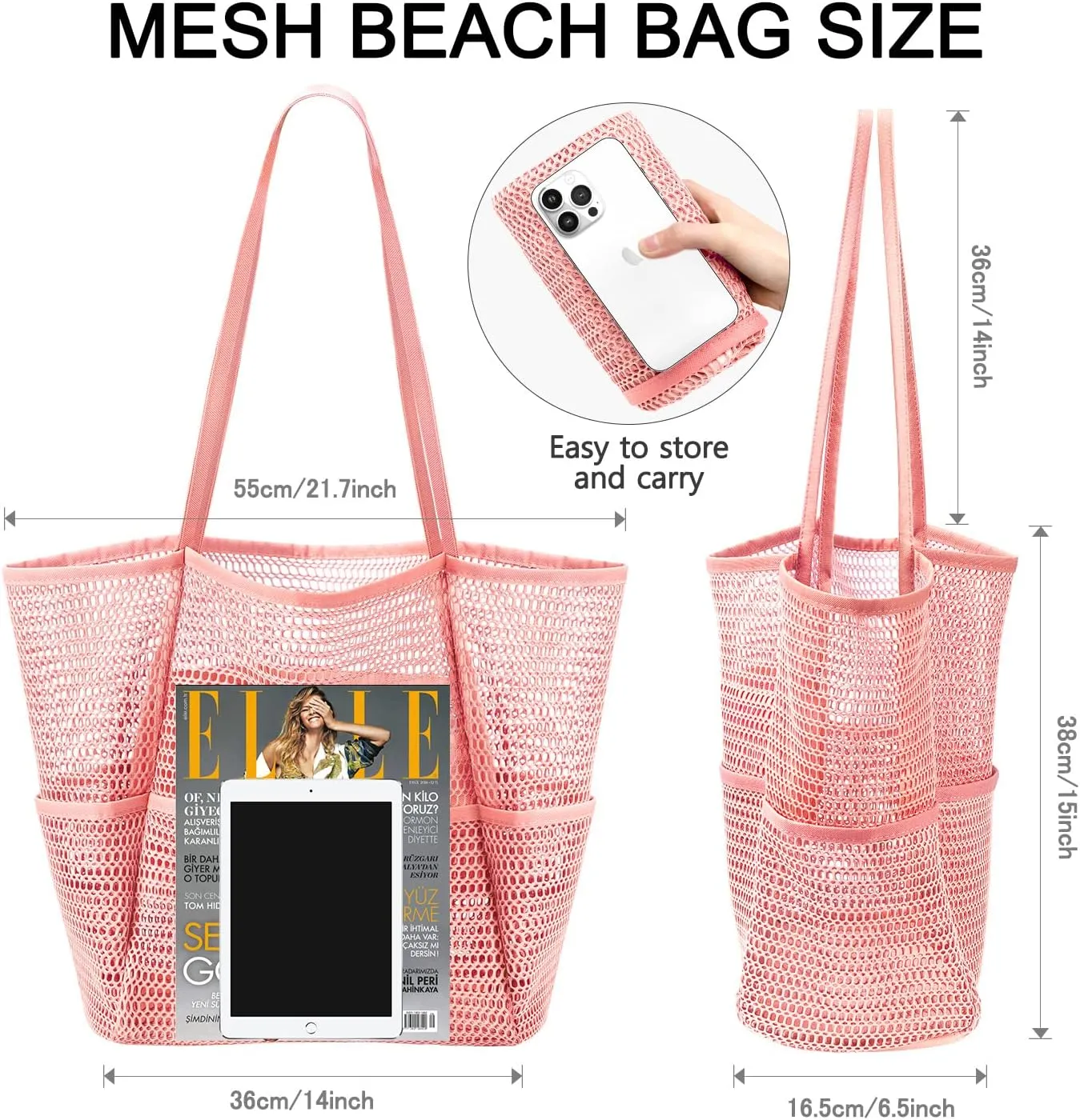 Ayieyill Mesh Beach Bag Tote Bag for Women, Foldable Swim Large Beach Tote Bag with Zipper Pockets Waterproof Sandproof