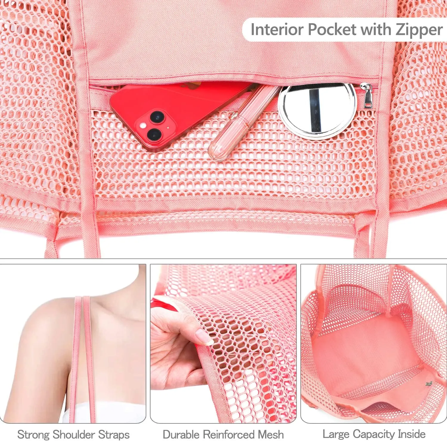 Ayieyill Mesh Beach Bag Tote Bag for Women, Foldable Swim Large Beach Tote Bag with Zipper Pockets Waterproof Sandproof