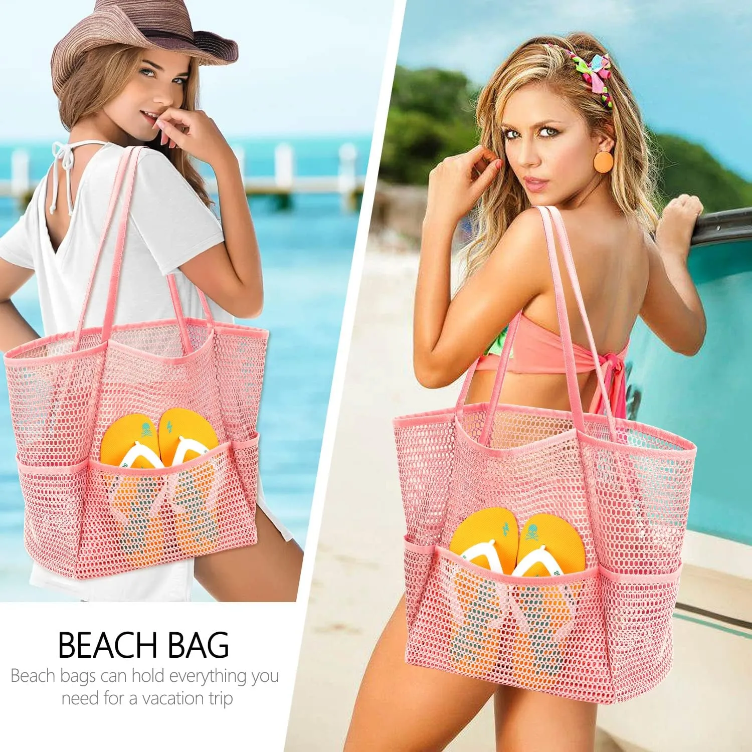 Ayieyill Mesh Beach Bag Tote Bag for Women, Foldable Swim Large Beach Tote Bag with Zipper Pockets Waterproof Sandproof