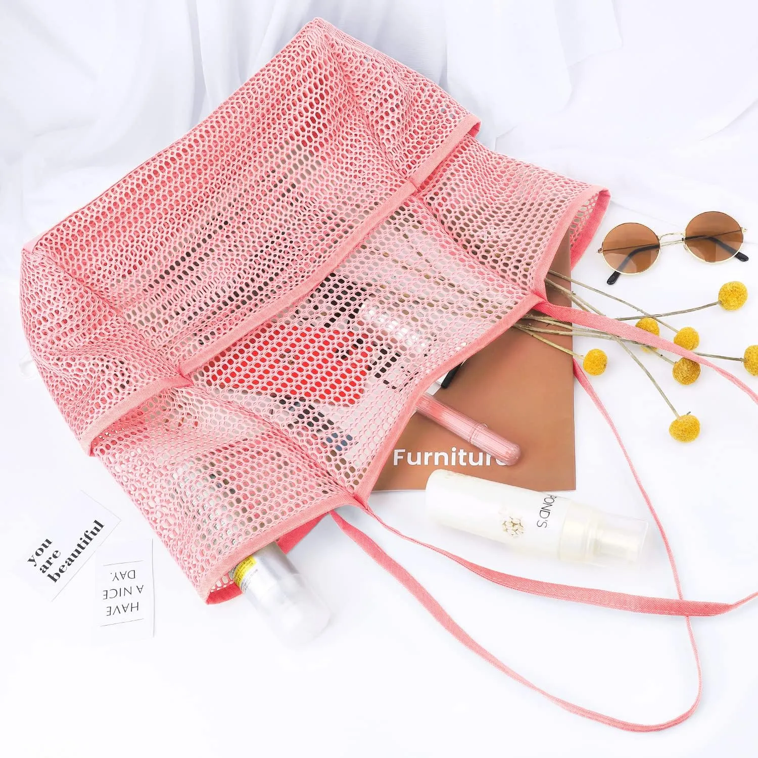 Ayieyill Mesh Beach Bag Tote Bag for Women, Foldable Swim Large Beach Tote Bag with Zipper Pockets Waterproof Sandproof