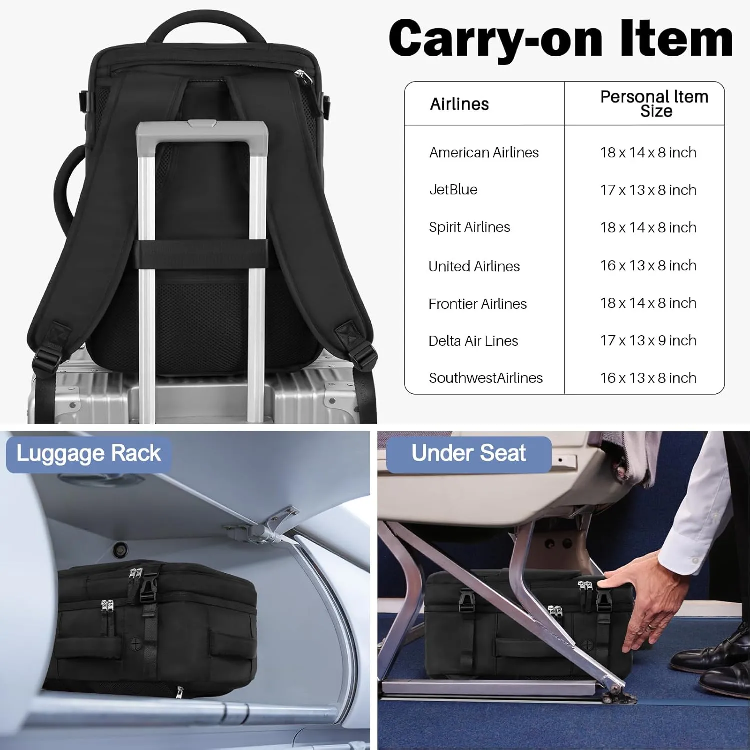 Backpack for Men Women, Small Black Backpack for Traveling on Airplane, Weekender Carry on Backpack Bag, Personal Item Backpack Flight-approved