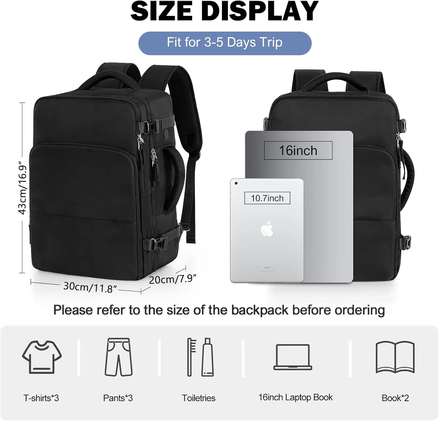 Backpack for Men Women, Small Black Backpack for Traveling on Airplane, Weekender Carry on Backpack Bag, Personal Item Backpack Flight-approved