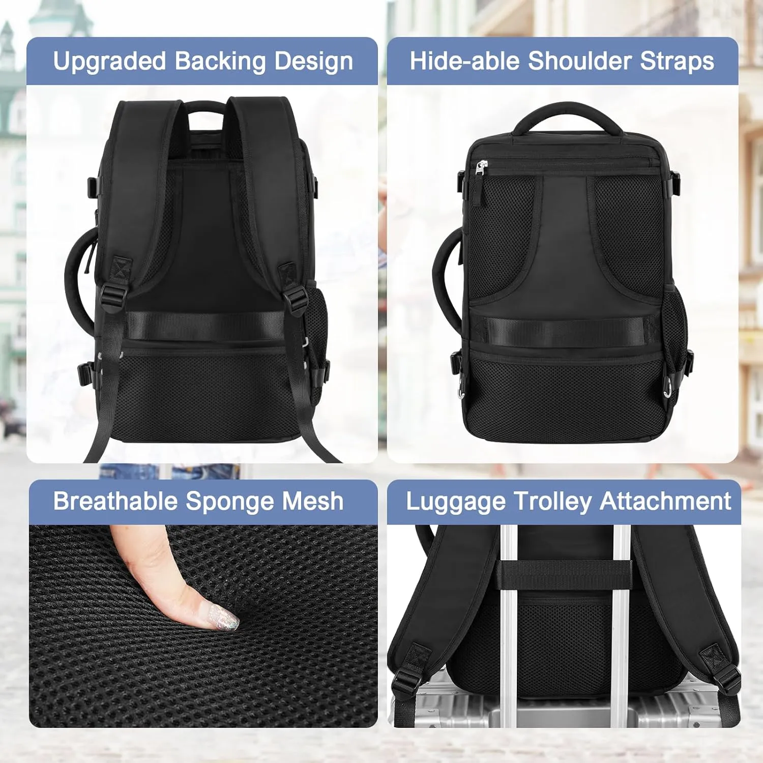 Backpack for Men Women, Small Black Backpack for Traveling on Airplane, Weekender Carry on Backpack Bag, Personal Item Backpack Flight-approved