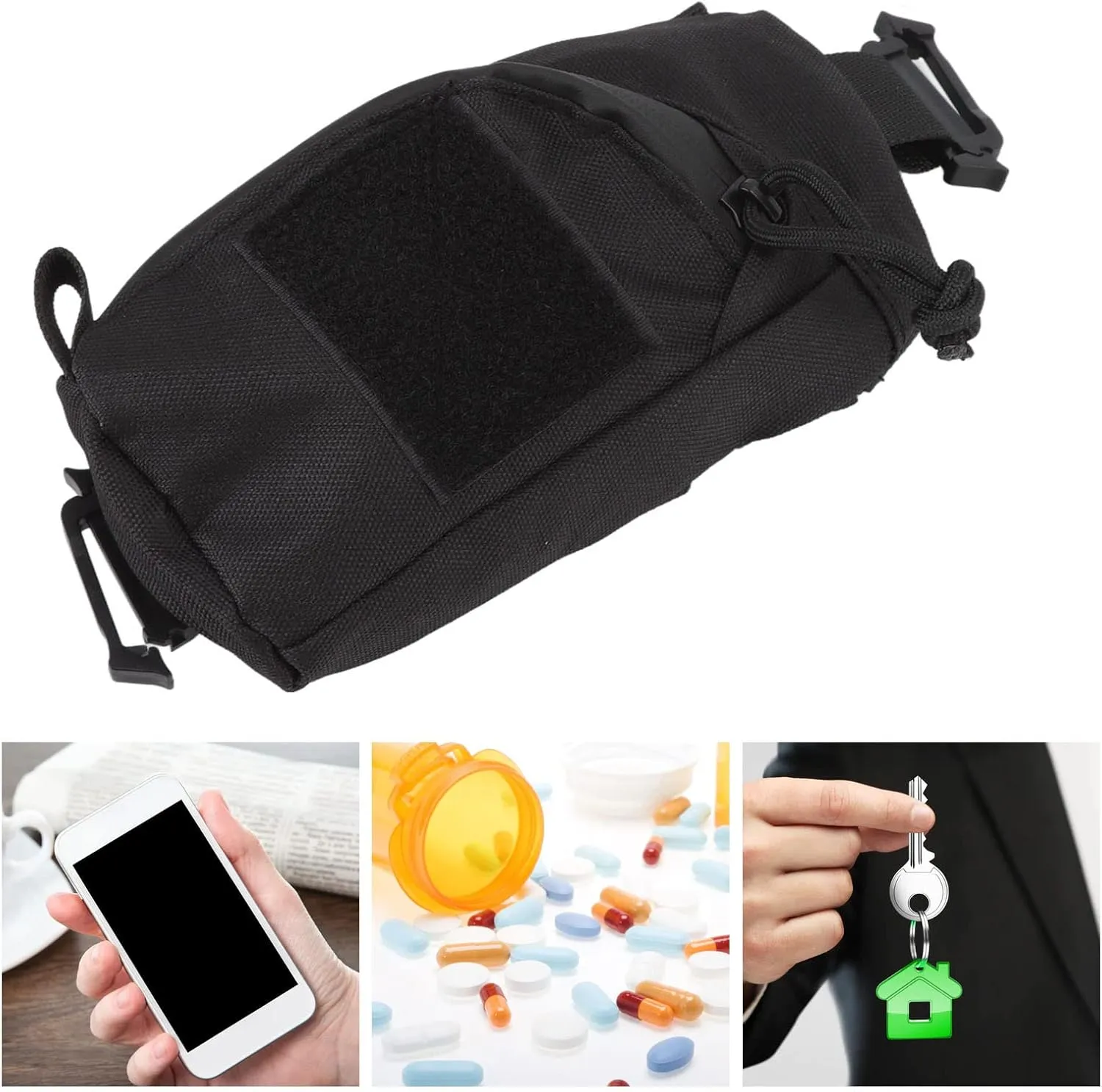 Backpack Shoulder Strap Accessory Pouch, Tactical Clip On Pouch Attachment Bag Zipper Pocket Additional Phone Holder Sundries Smartphone Pack Case for Belt Outdoor Sport Hunting(Black)
