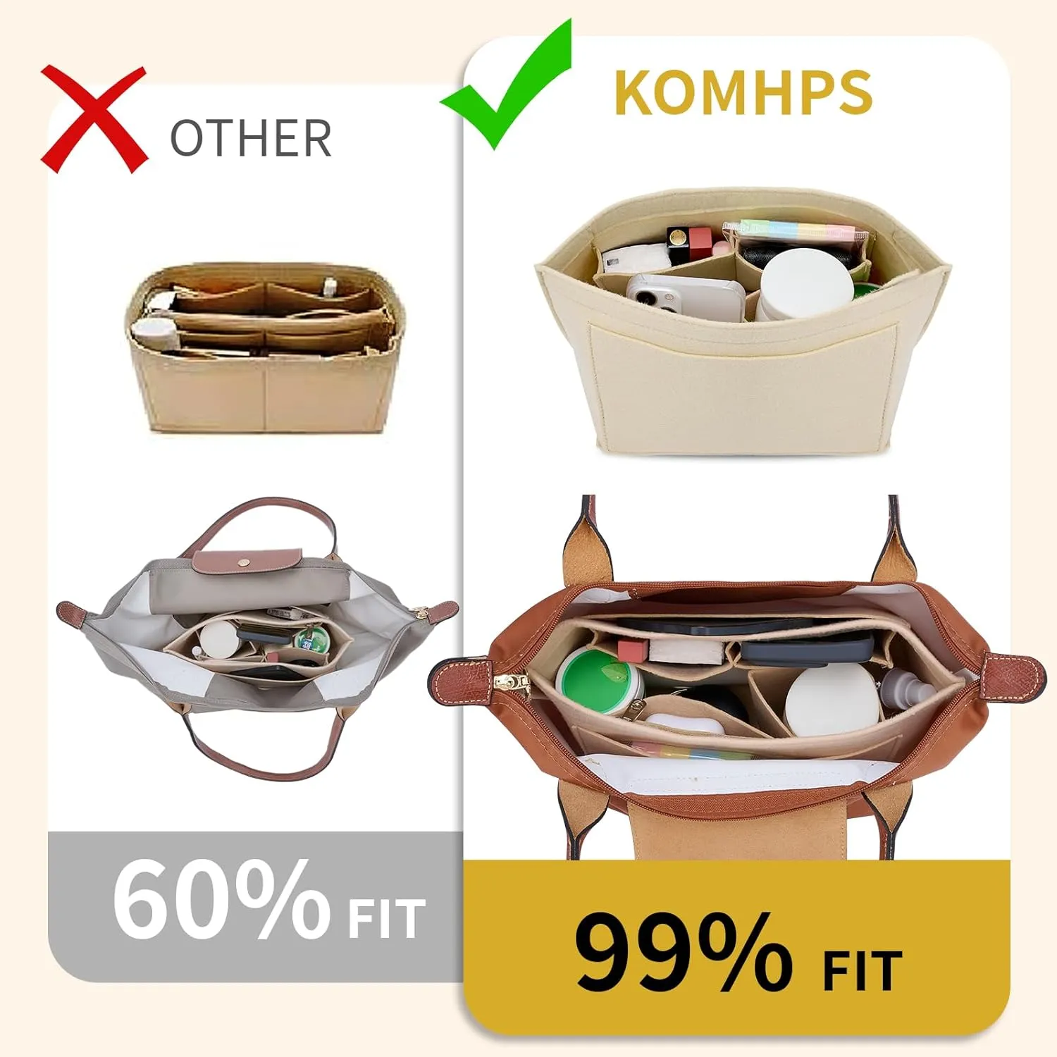 Bag Organizer Insert for longchamp le pliage tote bag organizer Handbags backpack organizer insert (beige-S)