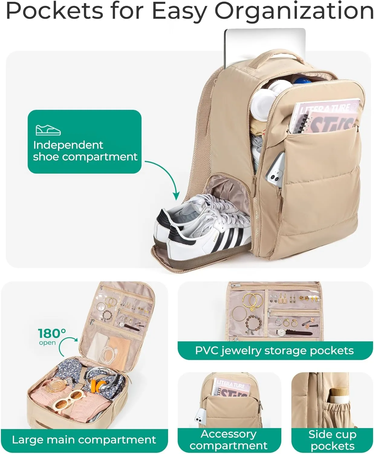 BAGSMART 30L Carry On Backpack with Shoe Compartment, Airline Approved Travel Backpack, Lightweight Travel Bag Fits 15.6 Inch Laptop, Water-Resistant, Beige