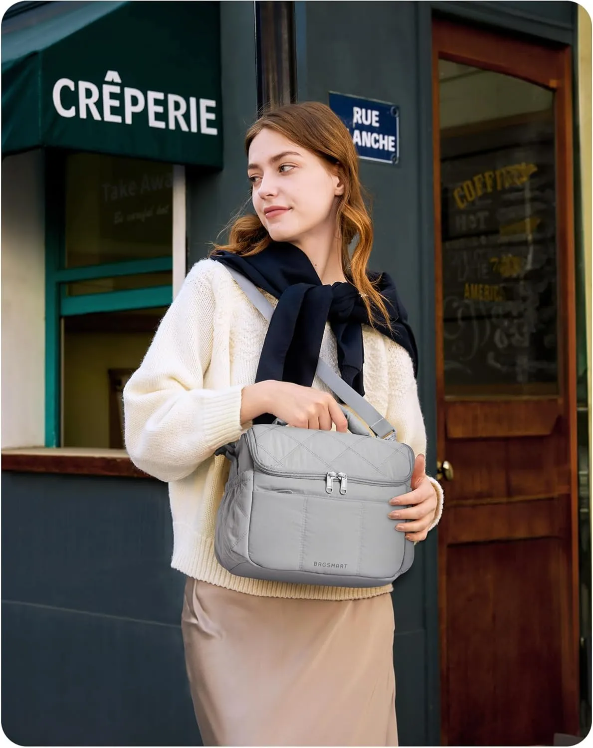 BAGSMART Insulated Lunch Bags for Women, Cute Quilted Lunch Box, Lightweight Puffy Padded Waterproof Lunch Tote, Reusable Lunch Cooler for Work Picnic Travel, Gray