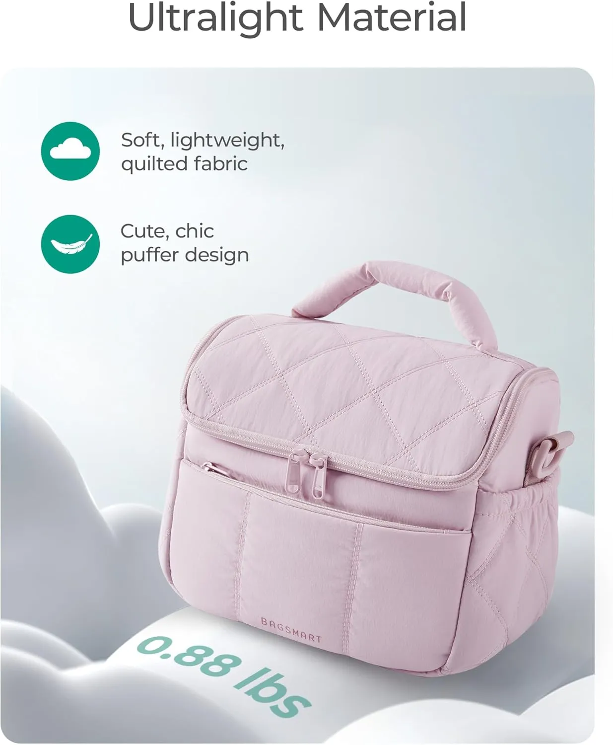 BAGSMART Insulated Lunch Bags for Women, Cute Quilted Lunch Box, Lightweight Puffy Padded Waterproof Lunch Tote, Reusable Lunch Cooler for Work Picnic Travel, Gray
