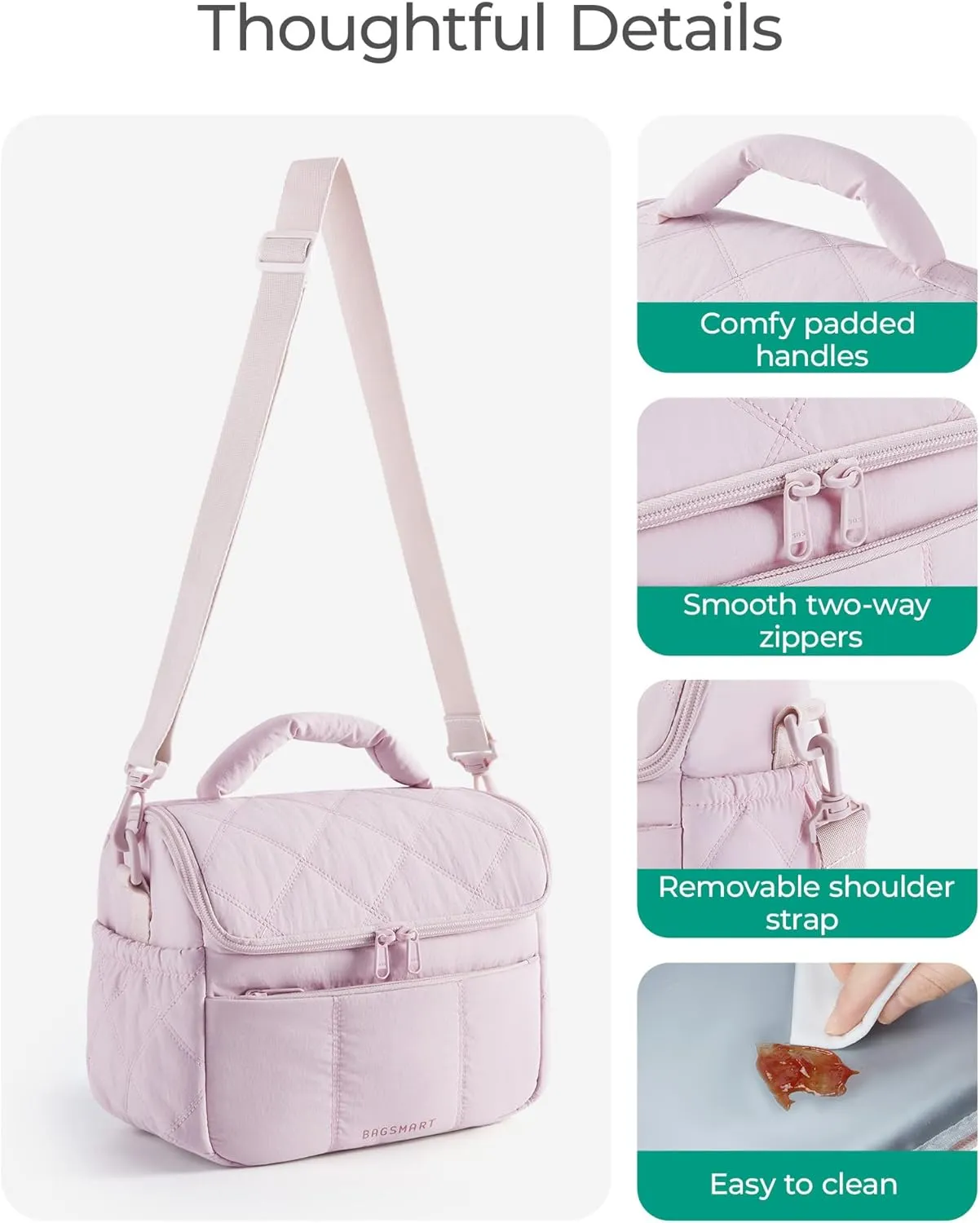BAGSMART Insulated Lunch Bags for Women, Cute Quilted Lunch Box, Lightweight Puffy Padded Waterproof Lunch Tote, Reusable Lunch Cooler for Work Picnic Travel, Gray