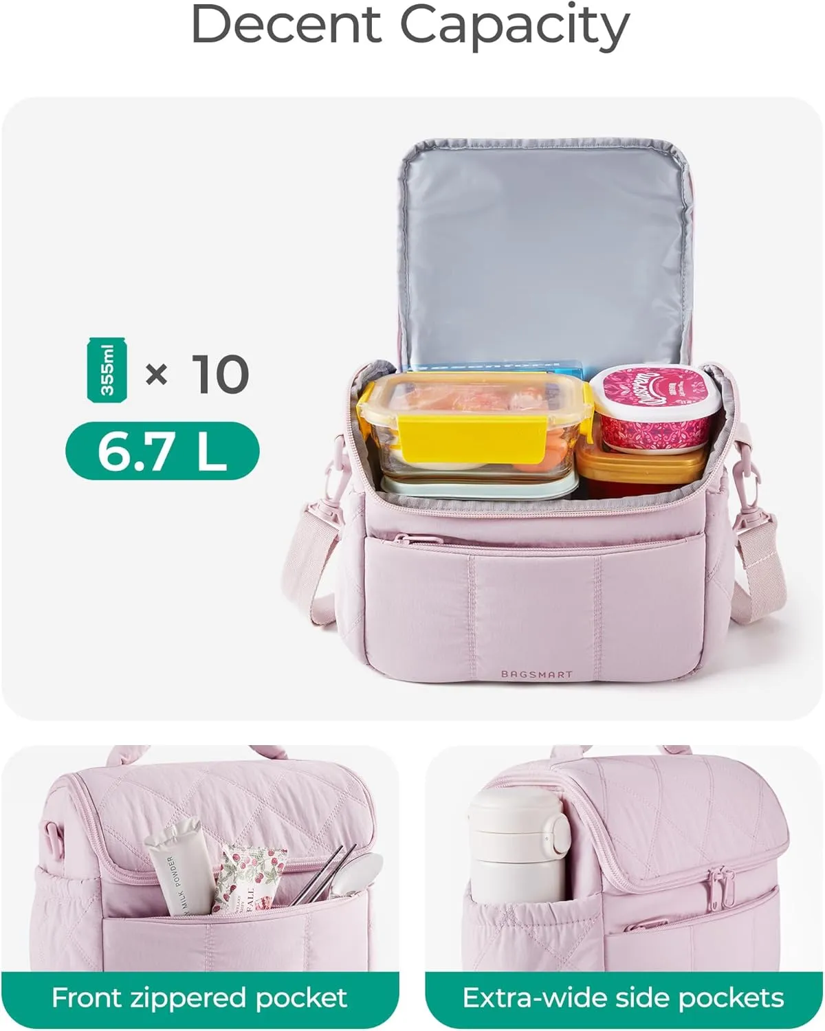 BAGSMART Insulated Lunch Bags for Women, Cute Quilted Lunch Box, Lightweight Puffy Padded Waterproof Lunch Tote, Reusable Lunch Cooler for Work Picnic Travel, Gray