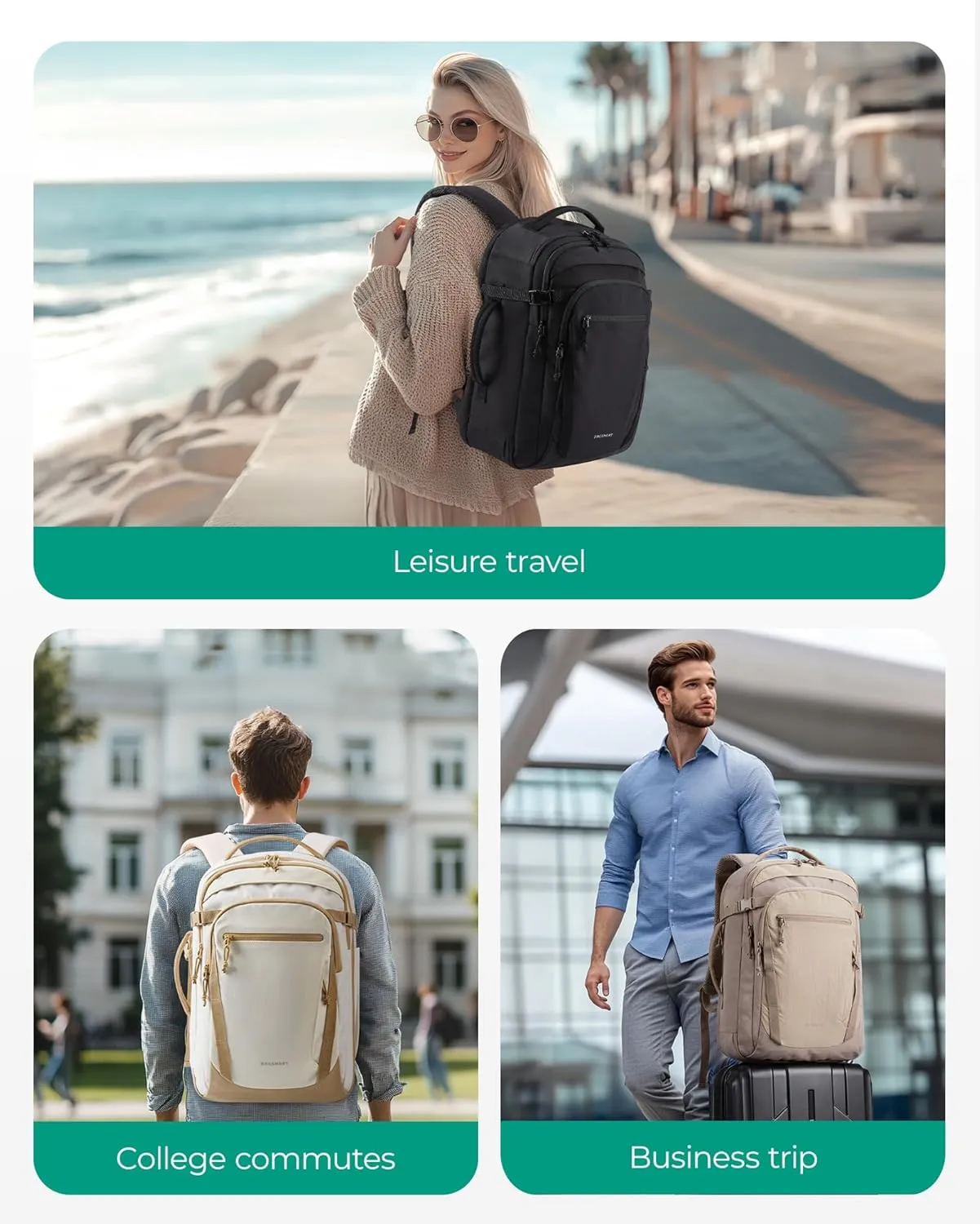 BAGSMART Travel Backpack for Men Women, Carry On Backpack Flight Approved TSA Friendly with USB Charging Hole Lightweight Weekender Bag Casual Daypack 17.3 Inch Laptop Business Work Backpack, Beige