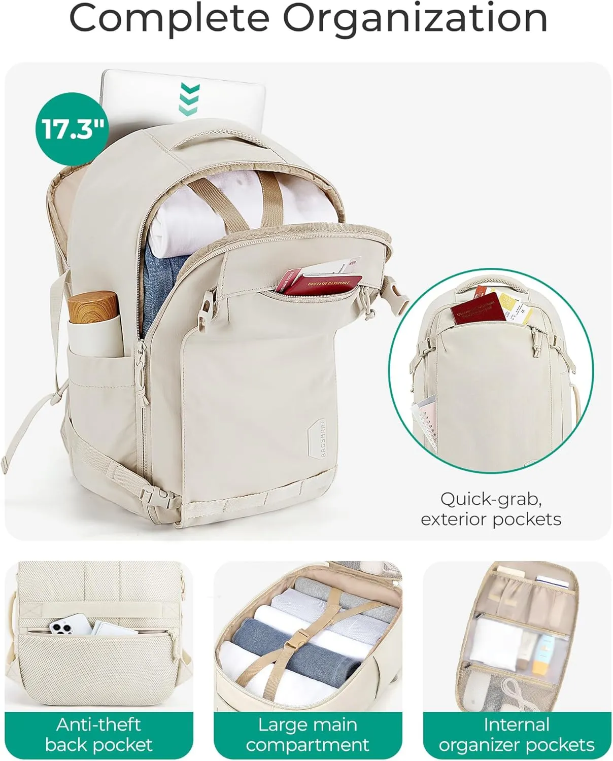 BAGSMART Travel Backpack for Women, 30L Travel Backpack Carry On Flight Approved, TSA Approved Personal Item Travel Bag, Water Resistant Weekender Bag Luggage Daypack, Beige