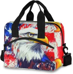 Bald Eagle American Flag Insulated Lunch Box for Women Men Reusable Lunch Bag for Office Picnic Cooler Bags with Adjustable Shoulder Strap