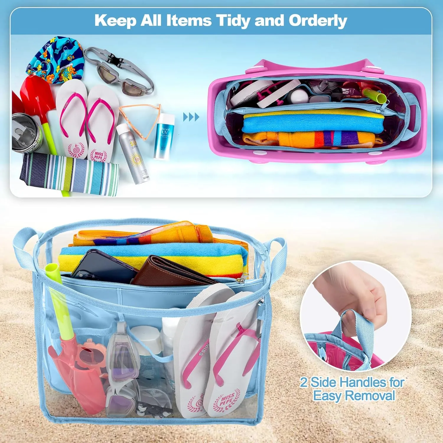 Beach Bag Organizer Insert (12.4in x 10.2in x 4.3in) Compatible with Bogg Bag(15in x 13in x 5.25in), Beach Tote Bag Waterproof Organizer Liner Insert Divider Pouch, Blue