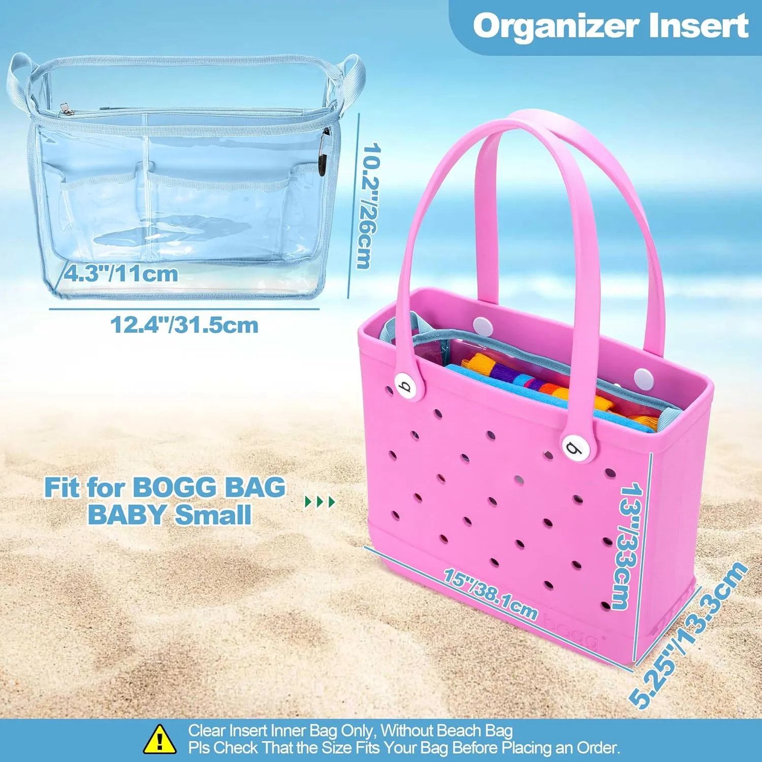 Beach Bag Organizer Insert (12.4in x 10.2in x 4.3in) Compatible with Bogg Bag(15in x 13in x 5.25in), Beach Tote Bag Waterproof Organizer Liner Insert Divider Pouch, Blue