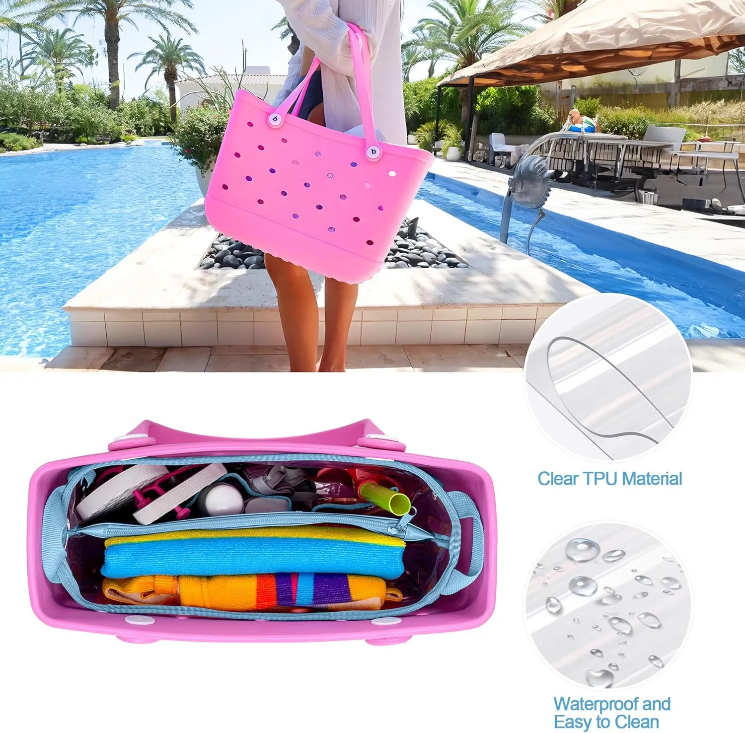 Beach Bag Organizer Insert (12.4in x 10.2in x 4.3in) Compatible with Bogg Bag(15in x 13in x 5.25in), Beach Tote Bag Waterproof Organizer Liner Insert Divider Pouch, Blue