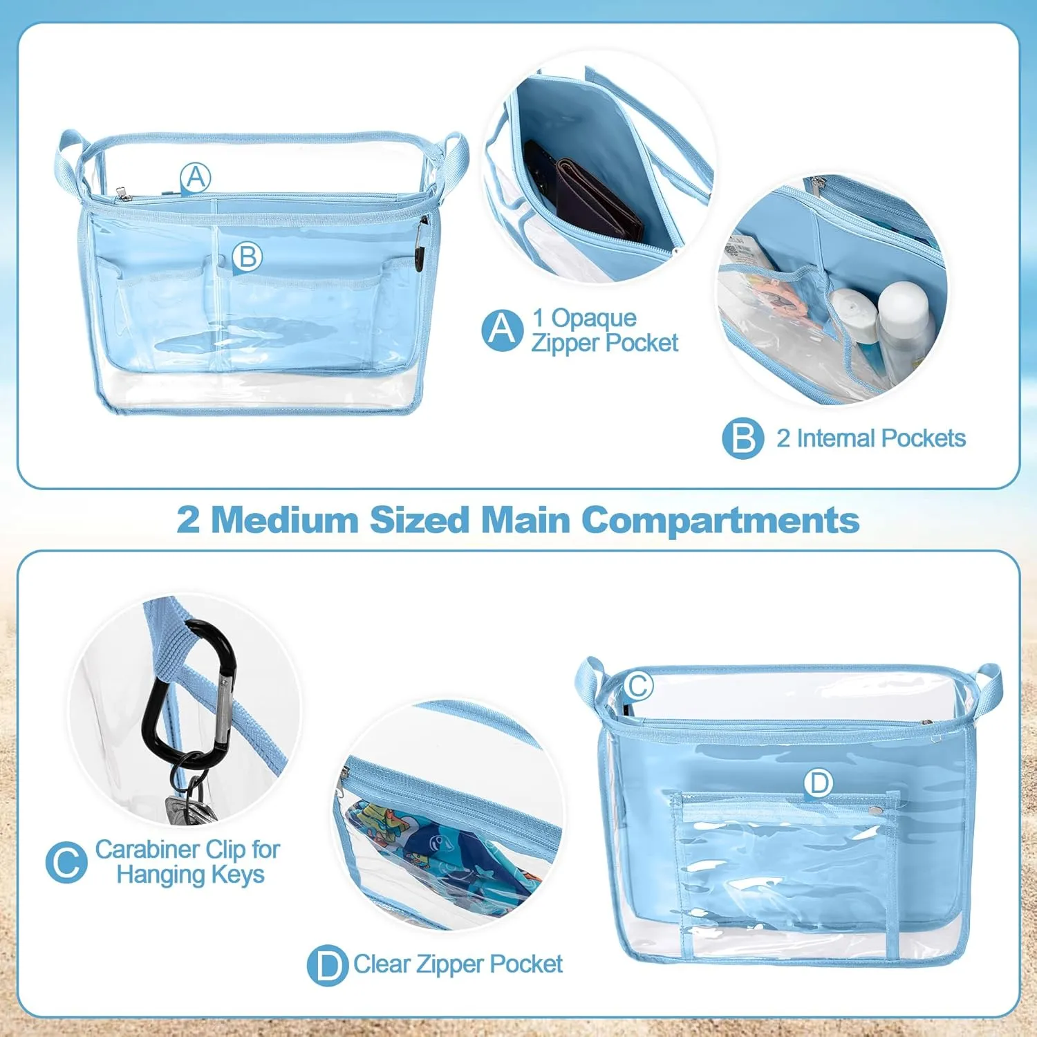 Beach Bag Organizer Insert (12.4in x 10.2in x 4.3in) Compatible with Bogg Bag(15in x 13in x 5.25in), Beach Tote Bag Waterproof Organizer Liner Insert Divider Pouch, Blue