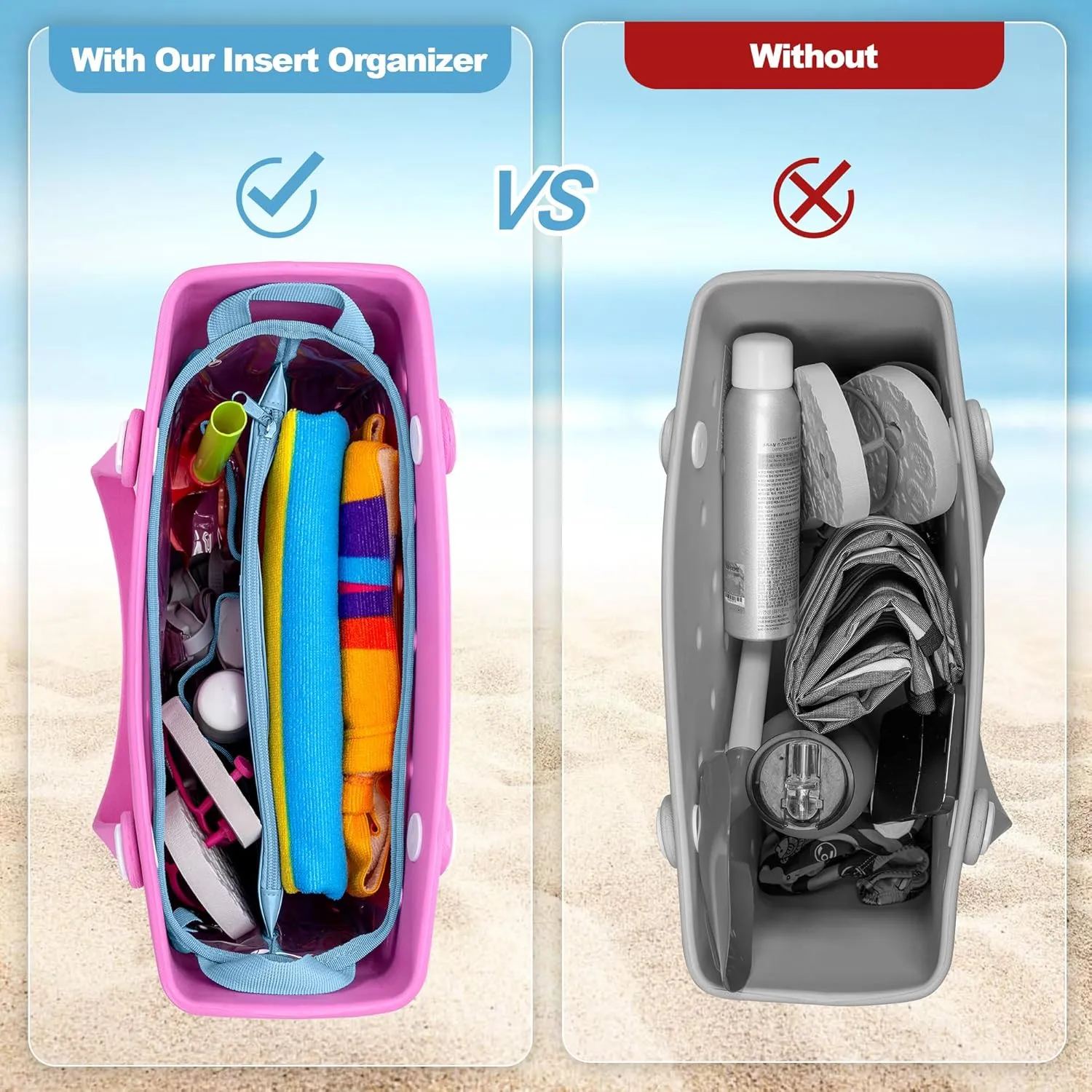Beach Bag Organizer Insert (12.4in x 10.2in x 4.3in) Compatible with Bogg Bag(15in x 13in x 5.25in), Beach Tote Bag Waterproof Organizer Liner Insert Divider Pouch, Blue