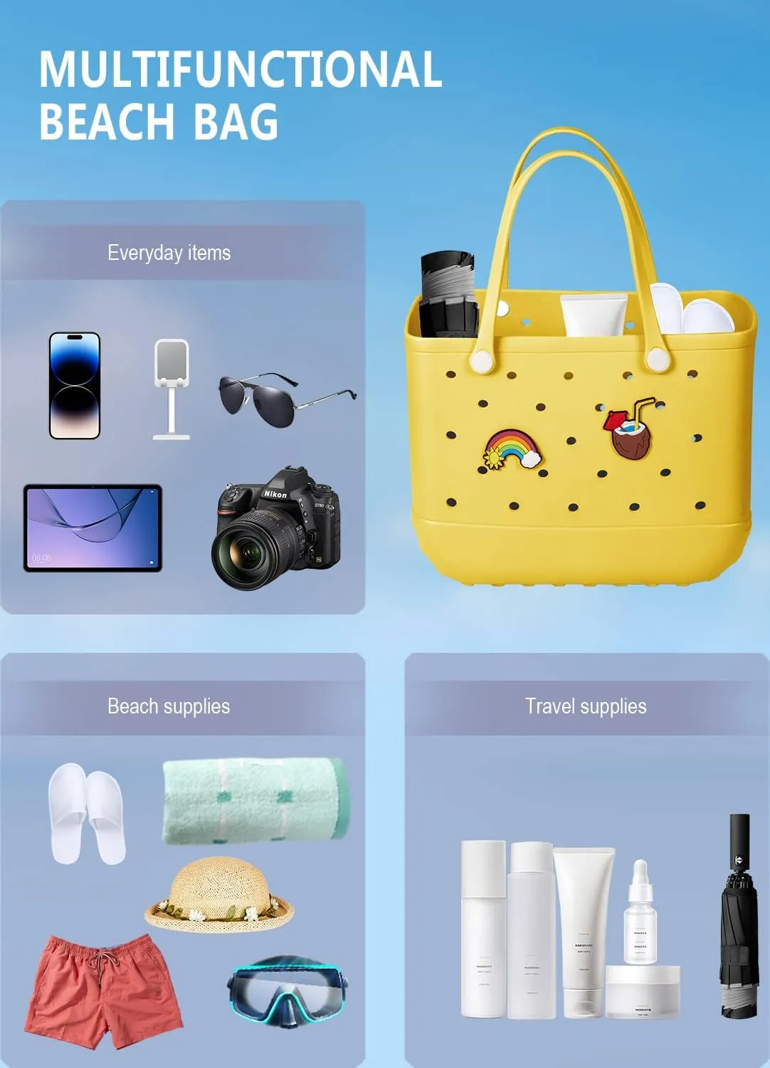 Beach Bag Rubber Tote Bag Waterproof Travel Bags for Women Washable Tote Bag Handbag for Sports Beach Market Pool