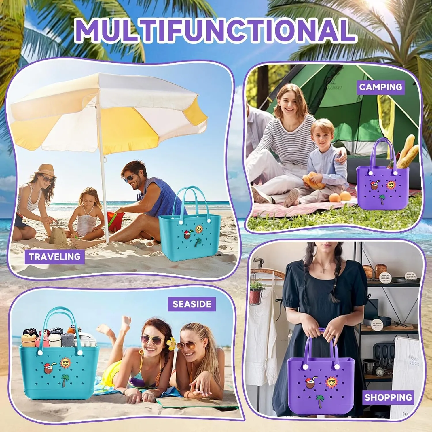 Beach Rubber Bag,Waterproof and Sandproof Washable Rubber Tote Bag for Beach, Pool Boat, Groceries, Sports