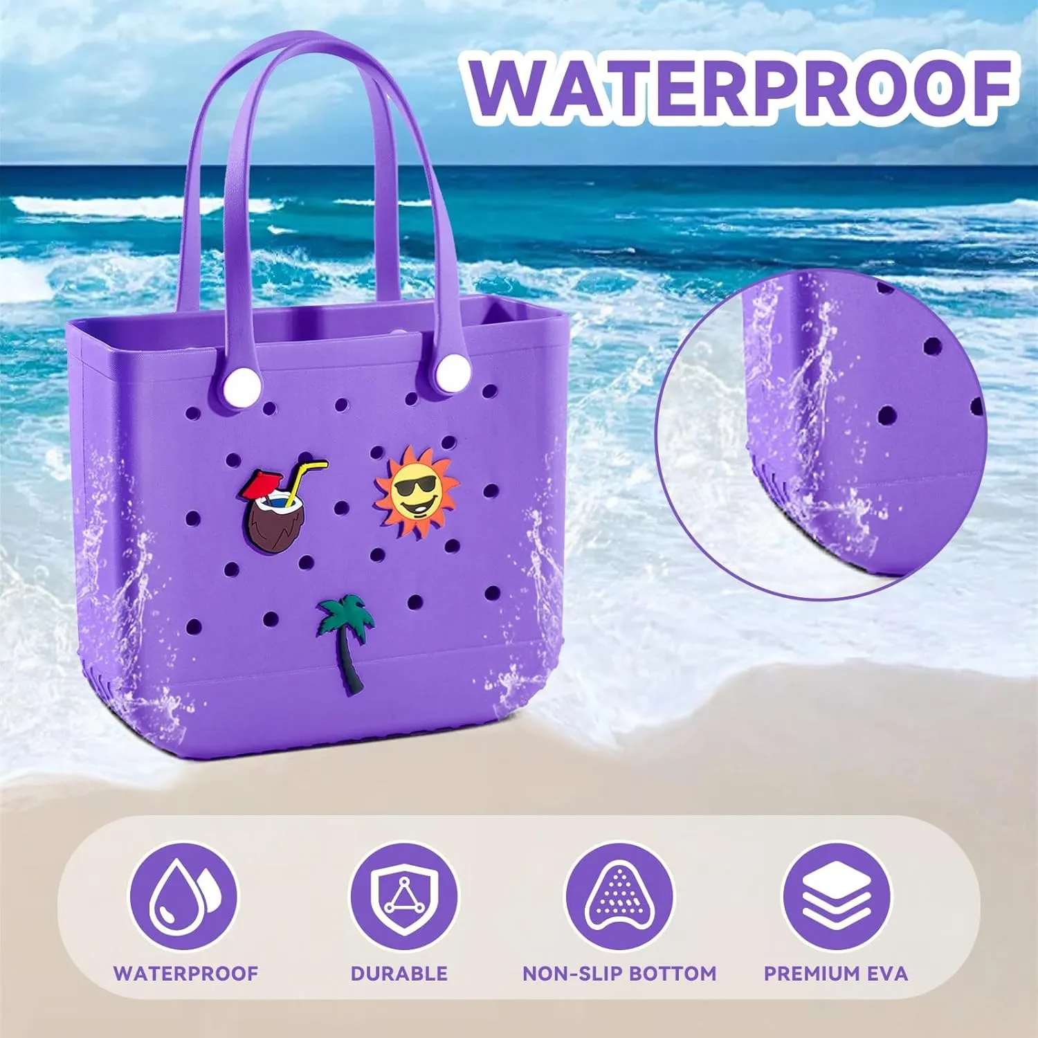 Beach Rubber Bag,Waterproof and Sandproof Washable Rubber Tote Bag for Beach, Pool Boat, Groceries, Sports