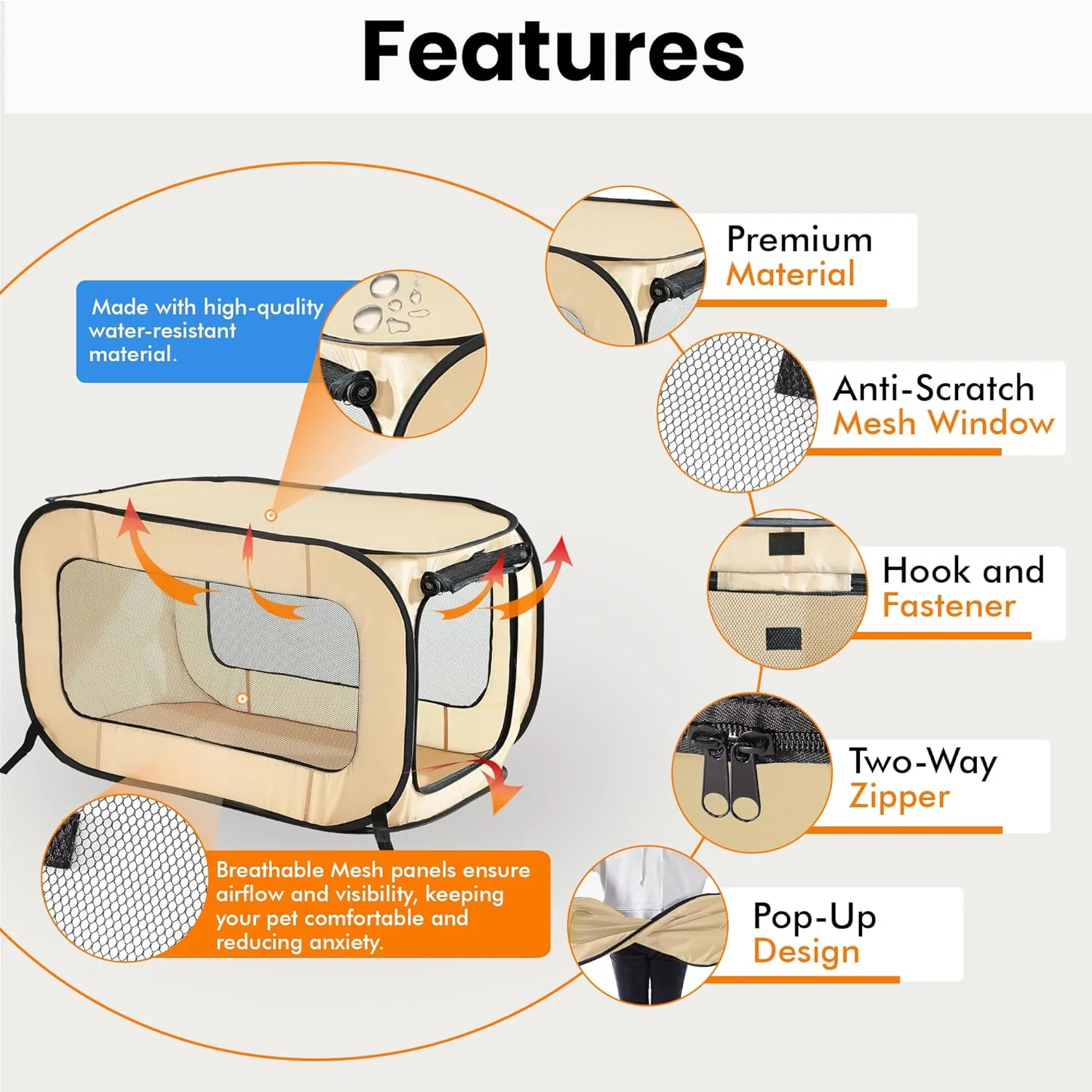 Beatrice Home Fashions Portable, Collapsible, Pop Up Kennel Travel Cat and Dog Crate, 32.5" L x 19.5" W x 19.5" H, Beige