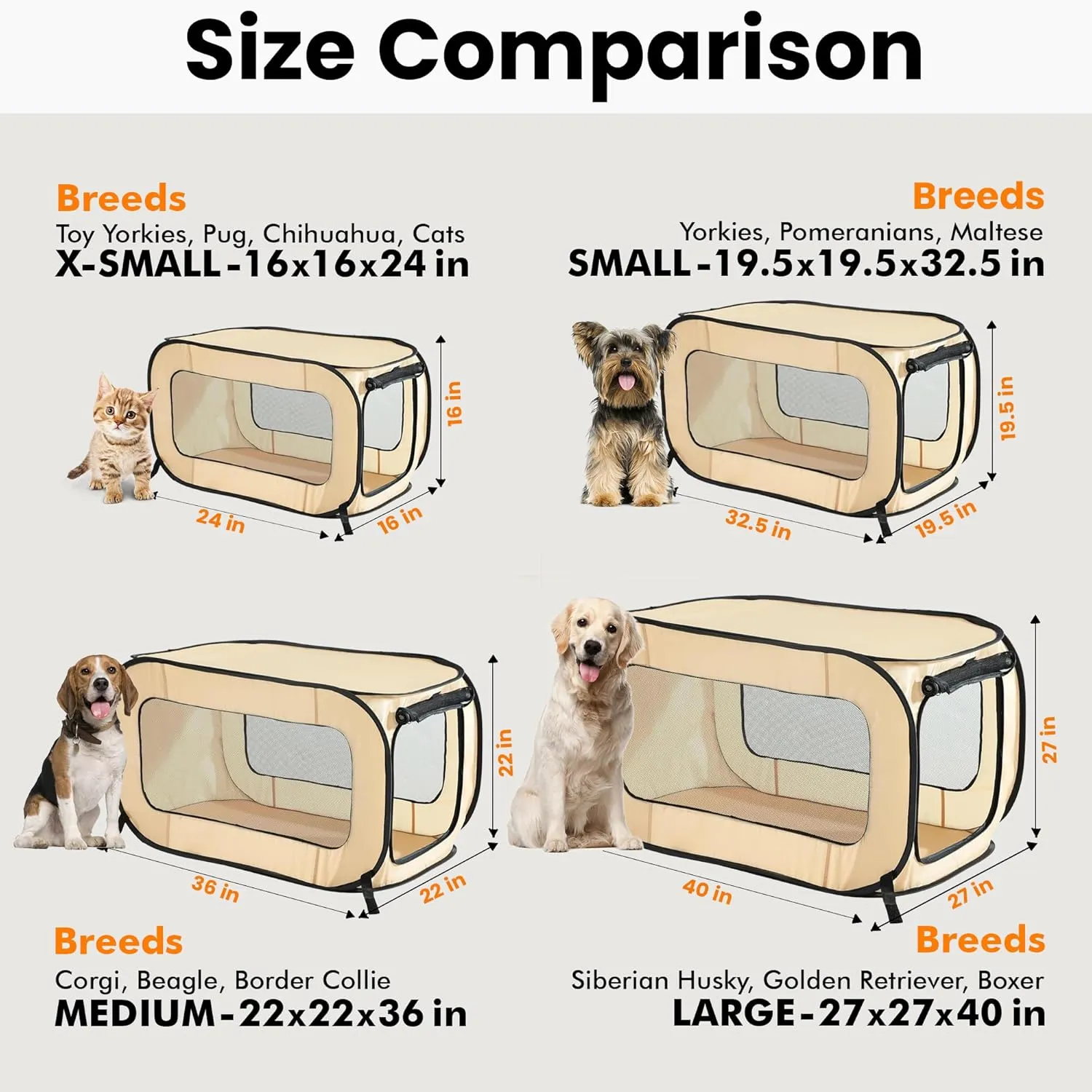 Beatrice Home Fashions Portable, Collapsible, Pop Up Kennel Travel Cat and Dog Crate, 32.5" L x 19.5" W x 19.5" H, Beige