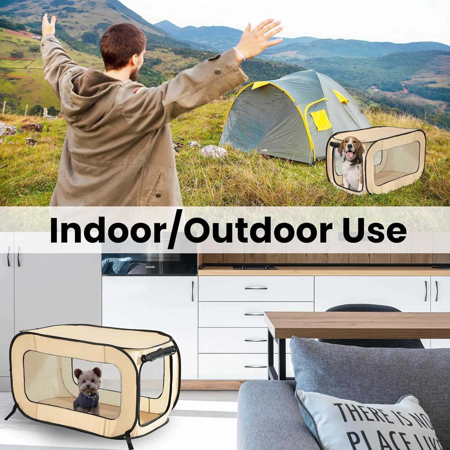 Beatrice Home Fashions Portable, Collapsible, Pop Up Kennel Travel Cat and Dog Crate, 32.5" L x 19.5" W x 19.5" H, Beige