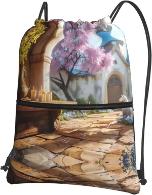 Beautiful fairy tale town Water-Resistant Zipper Drawstring Backpack for Gym/Yoga/Travel - Lightweight Foldable 15.3x18 Sports Bag w/Multiple Pockets