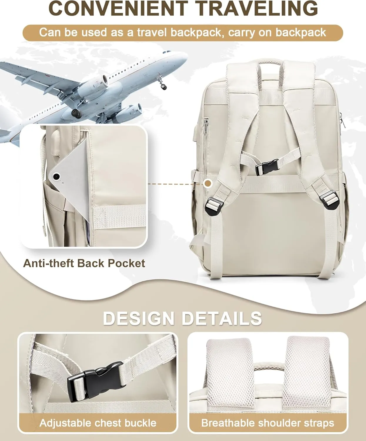 Beige Large Travel Backpack - Carry On Flight Approved Mochila De Viaje For Women & Men - Airplane Personal Item Travel Bag