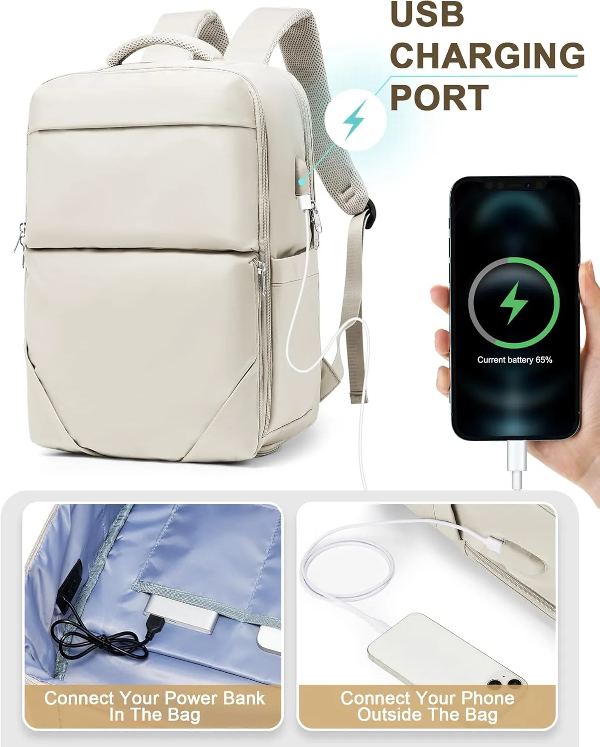 Beige Large Travel Backpack - Carry On Flight Approved Mochila De Viaje For Women & Men - Airplane Personal Item Travel Bag