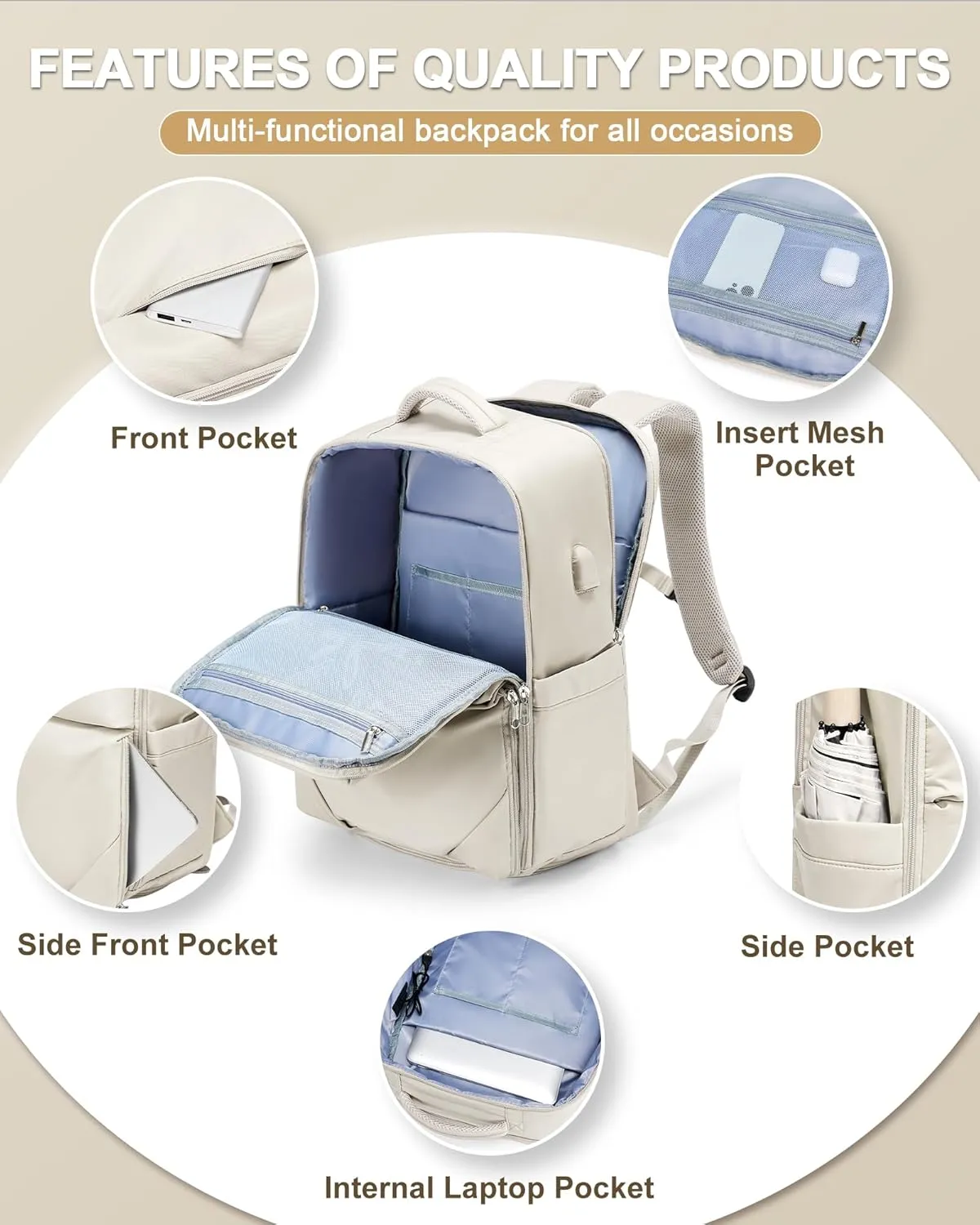 Beige Large Travel Backpack - Carry On Flight Approved Mochila De Viaje For Women & Men - Airplane Personal Item Travel Bag