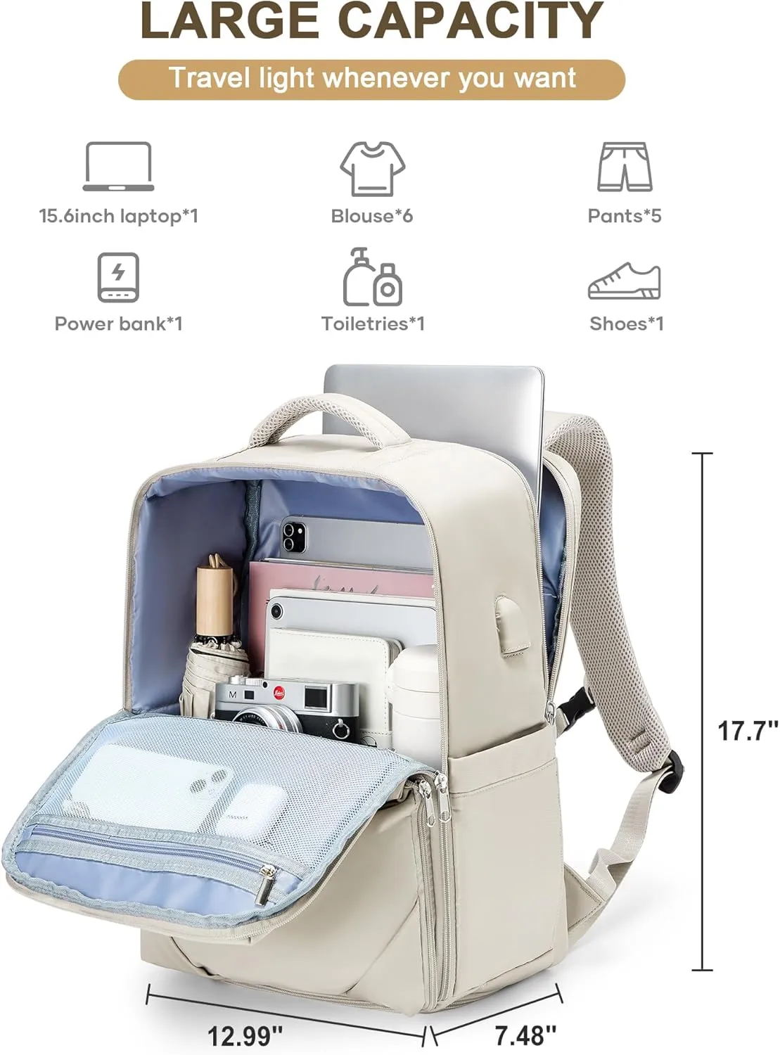 Beige Large Travel Backpack - Carry On Flight Approved Mochila De Viaje For Women & Men - Airplane Personal Item Travel Bag
