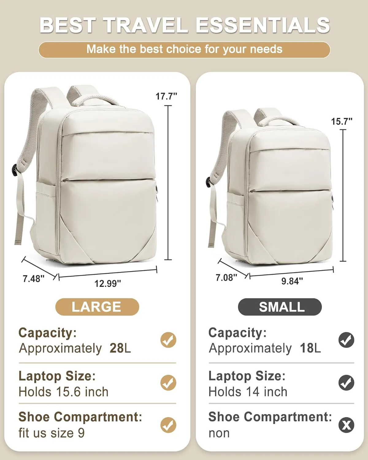 Beige Large Travel Backpack - Carry On Flight Approved Mochila De Viaje For Women & Men - Airplane Personal Item Travel Bag