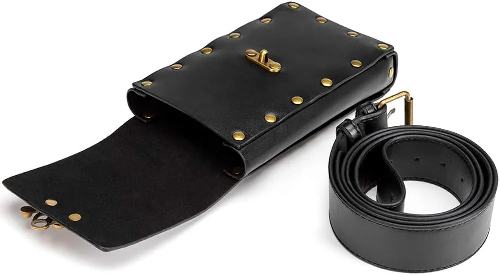 Belt Pouch Waist Bag Fanny Pack Medieval Vintage Leather Pouch Cellphone Holder Holster Carry Belt Purse Pocket Casual Hiking Festival Renaissance Faire Costume Props Travel Wallet (Black)