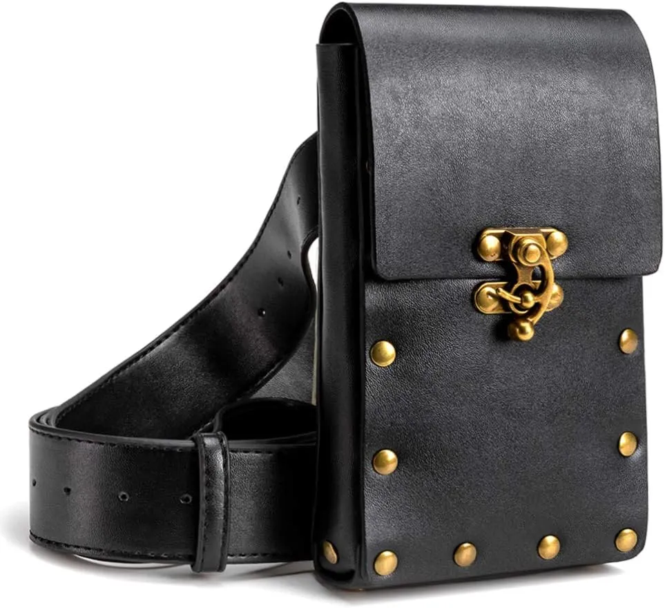 Belt Pouch Waist Bag Fanny Pack Medieval Vintage Leather Pouch Cellphone Holder Holster Carry Belt Purse Pocket Casual Hiking Festival Renaissance Faire Costume Props Travel Wallet (Black)